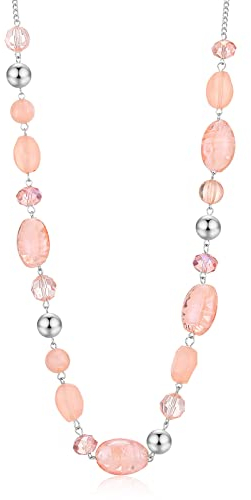 FULU AUTUMN Long Silver Beaded Necklace for Women Chain Necklace with Shell Crystal Pearl Beads Fashion Jewellery Gifts for Girlfriends(10-Pink)