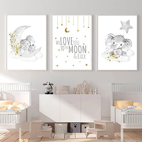 3 Poster Elefant Baby Bilder Grau Gold Wolke Mond Sterne Zitate Wandbild Dekoration Kinderzimmer Jungen Geschenk ohne Rahmen