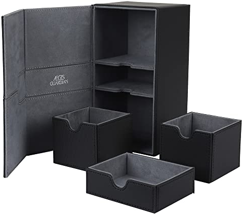 AEGIS GUARDIAN Card Deck Box für MTG mit 3 Tray Commander Deck Box Hold 200+ Double Sleeved Cards, PU Leather 7 Strong Magnets Card Storage Box Deck Game Case for TCG CCG, Black