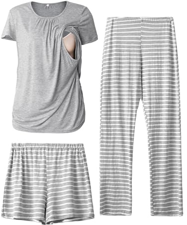 SUNNYBUY Damen Umstandsmode Stillpyjama-Set, Kurzarm-Stillshirts, Schwangerschafts-Shorts und Hosen, 3-teiliges Stillpyjama-Set, Grau&Streifen M