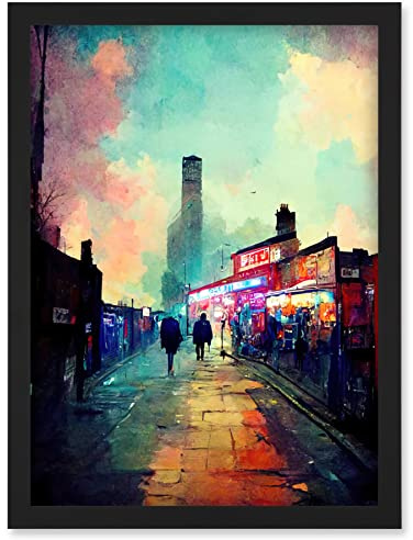Doppelganger33 LTD Brick Lane London 1960's Night Street Scene Oil Painting Artwork Framed Wall Art Print A4