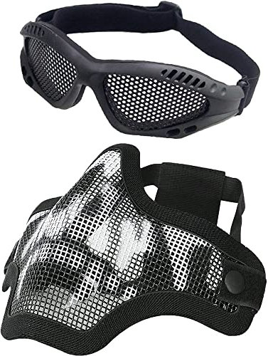Taktische Airsoft-Maske und Brille Set | Half Face Skull Mesh Maske mit Airsoft Brille für Outdoor CS Spiel und Jagd (Schwarz)