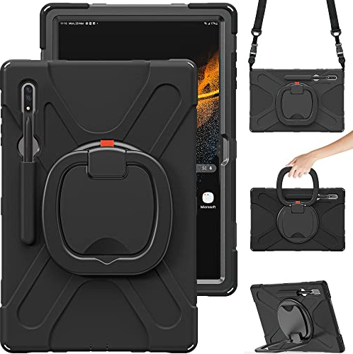 Schutzhülle für Samsung Galaxy Tab S8 Ultra 14,6 Zoll X900 X906, Rugged stoßfeste Schutzhülle mit Stifthalter, 360 Grad drehbar, verstellbarer Schultergurt (Schwarz)