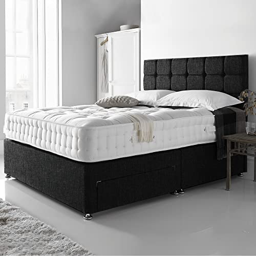 DBZ BEDS Reinforced Double Bed Set 4 FT 6 with 2000 Series Mattress - Black Venice Divan Beds Set with Various Storage Options – 26 Inch Headboard with Chrome Glider Feet (Double)