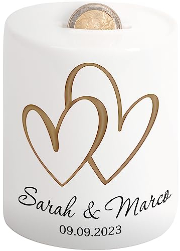 Hochzeitsgeschenke für Brautpaar - Hochzeits-Spardose „Zwei Herzen“ mit Namen und Datum - Verpackung Geldgeschenk Hochzeit Geld-Geschenk Hochzeit personalisiert | Hochzeitstag Sparschwein (Gold)