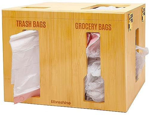 Libreshine Libreshine 2 In 1 Extra Large Trash Bag Organizer and Grocery Bag Holder, Fits Costco Large Garbage Bag Roll, Kitchen Bamboo Grocery Bag Dispenser Wall Mount