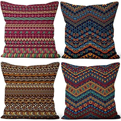ASDCXZ Boho Kissenbezug 50x50 cm 4er Set, Moderne Gestreifte Geometrische Bauernhaus Braun Sofa Kissenbezüge Kissenhülle Waschbar Polyester Flachs Textil Polster Kopfkissenbezug Kissen Bezug