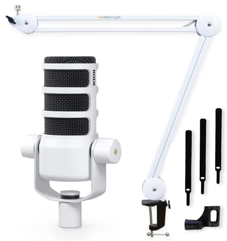 RØDE Rode Podmic - Micrófono para podcast profesional, color blanco + keepdrum MS138 brazo articulado blanco