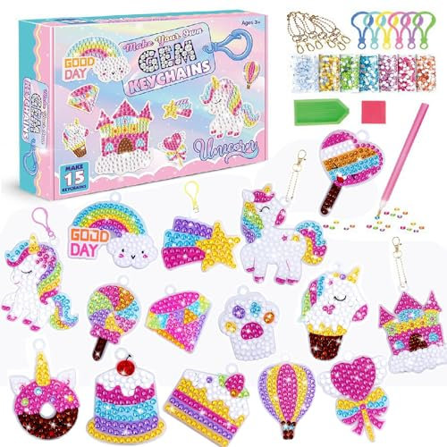 ENIKMOSD Diamond Painting kinder Einhorn,15 Stück 5D DIY Diamant Painting Einhorn Schlüsselanhänger Bastelset,Glitzer Basteln Mädchen,Bastelset Geschenke für Mädchen Kinder ab 6-12 Jahre