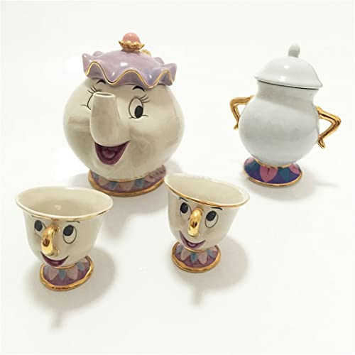 ISolay Set da tè, Cartone Animato La Bella e la Bestia Set da teiera Mrs Potts Tazza con Patatine Tazza da caffè per Un Amico (Oro Taglia Unica)