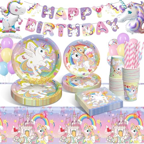 LAISLLA Vajilla para Fiesta de Unicornio, Decoración Cumpleaños Niña Incluye Platos, Taza, Servilletas para Baby Shower - 16 Invitados