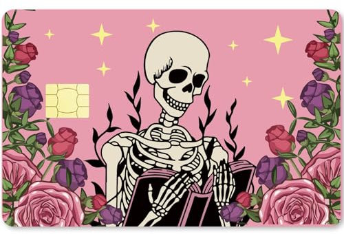CREATCABIN Skelett-Karten-Skin-Aufkleber,Debit-Kreditkarten-Skins,Der Totenkopf-Rosen-Bankkarten-Schutzaufkleber Abdeckt,Wasserfest,Keine Blasen,Schmal Für EBT-Transport,Schlüsselkarte,Rosa,186x137mm
