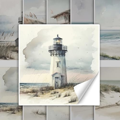 GRAZDesign Fliesenaufkleber Bad & Küche, maritim Leuchtturm Strand Watercolor, Klebefliesen selbstklebend - 20x20cm / 10 Stück