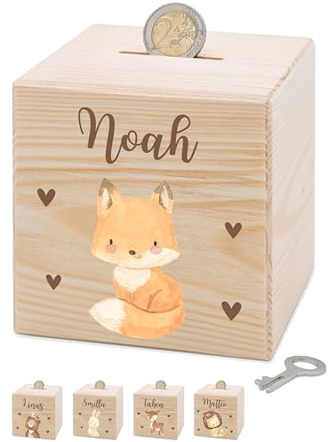 Bärenfreunde® - Personalisierte Spardose Kinder aus Holz mit Metallschloss - Spardose mit Namen mit kinderfreundlichem UV-Druck zum Sparen für Kinderträume (Fuchs)