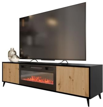 Mirjan24 TV Lowboard Ovessi EF mit Elektrischem Kamin, Fernsehschrank, Fernsehtisch, Unterschrank, Realistische LED-Flamme, Mit Deko-Kristallen, Board, Schrank, TV-Bank (Schwarz/Eiche Artisan)