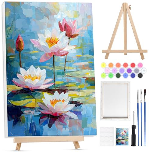 Lxmsja Peinture Numero Enfant Adulte avec Cadre, avec Chevalet en Bois, Fleurs Peinture par Numero Adulte, Lotus Numéro d'art avec Pinceaux, Loisirs Créatifs Activité Manuelle Adultes, 20x30cm