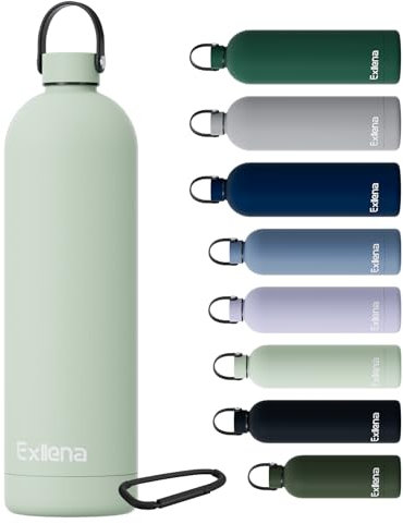 Exllena Gourde Isotherme 1.5l avec Poignée Pratique - Bouteille Isotherme avec 24 Heures de Conservation au 24h Froid/12h Chaud, Revêtement Anti-Dérapant - Étanche Sans BPA (Vert Sauge)
