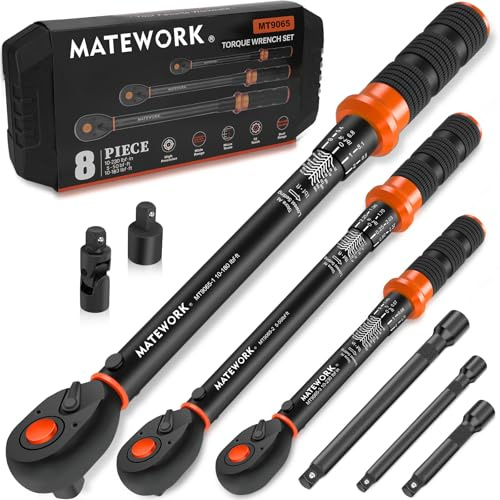 Upgraded Torque Wrench Set 8PCS, 1/4 3/8 1/2 inch Drive Click Torque Wrench, 10-230in.lb, 5-50ft.lb, 10-180ft.lb, 72-Tooth Dual Scale, ±3% Accuracy, 5 Adapters, for Bike, Moto, Car Repair and Maint