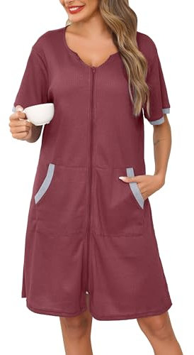 Lovasy Women's Zip Robes Waffle Dressing Gowns for Women UK Short Sleeve Bath Robe Summer Ladies Dressing Gowns Lightweight Zip Up Dressing Gown Knee Length Housecoat with Pockets,Bean paste pink,L