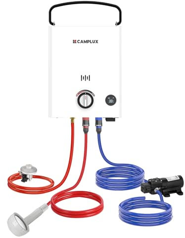 CAMPLUX First 5 litres Gas Water Heater with Water Pump, Portable LPG Shower with Handle, Butane/Propane, 28-37mbar, for Outdoor/Campsite/RVs/Remote House, F5 Pro