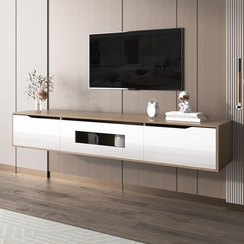 Merax High Gloss TV cabinet, TV Stand Storage Sideboard with 3 Door, 16 colors LED light, Wall Mounted/Floor Mounted, for 50 inch TV, White/180 x 35 x 30 cm