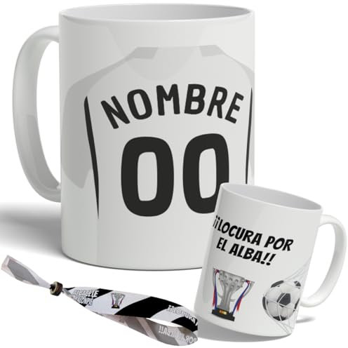 DEREGALOOS. Taza Personalizada Estilo Fútbol. Taza con Nombre y Número. Regalo Original para Aficionados.Fútbol Niños y Adultos. Pulsera de regalo. Diseño Inspirado en la 2ª División Albacete