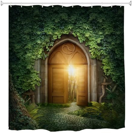 goodbath Garden Shower Curtain Outdoor Fence, 3D Nature Scenery Landscape Leaves Gate Door Bath Curtains for Bathroom Wall, 180 x 180 cm
