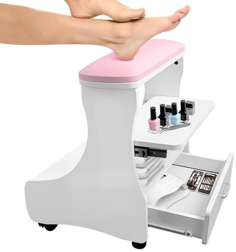 EBANKU Pediküre Fußstütze mit Rollen, Maniküre Fußhocker aus PU-Leder, tragbarer Spa Trolley für den Heimsalon, Nagel und Massagestation, leichtgängige mobile Fußstütze (Rosa Weiß)