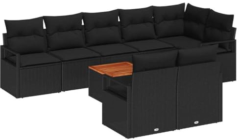 vidaXL 9-teiliges Garten-Sofa-Set mit Kissen in Schwarz aus Poly-Rattan und Akazie für den Außenbereich – Sitzplätze für 6 Personen, perfektes Patio-Möbel, modulare Lounge-Anordnung.