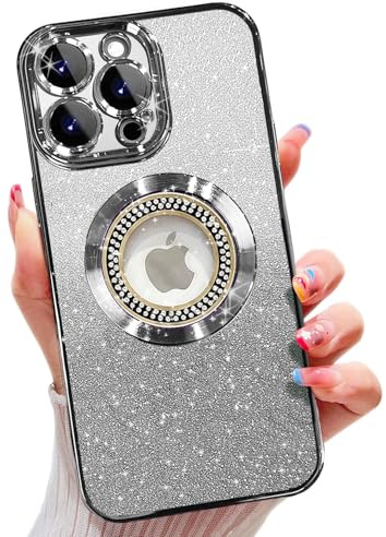 Misscase Magnetic Glitter for iPhone 14 Pro Case,Cute Full Protection Slim Shockproof Anti-Scratch Bling Sparkly Case with Camera Lens Protector, Logo View Dust-Proof Net for Women Silver
