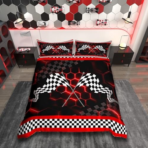 Homemissing Rote Neon Honeycomb Bettwäsche Set 135x200cm für Mädchen Kinder Jungen Geometrische Sechseck Bettbezug Schwarz Weiß Plaid Flagge Betten Moderne Kunst
