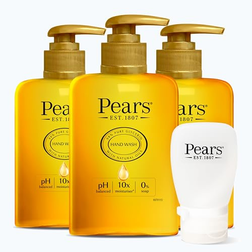 Pears Pure & Gentle Moisturising Hand Wash- Enriched with Glycerin & Natural Oils, 10x More Moisturiser- Soap-free Cleanser for Men and Women, 250ml (3 pack)+ Travel Bottle