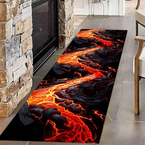 Lava Läufer Teppich, 80x300cm Teppiche Mit Optischem Lava-Muster, Langer Flur Teppiche in Schwarz und Rot, Rutschfeste und Strapazierfähige Fußmatte für Spielzimmerteppich für Kinder, Teenager