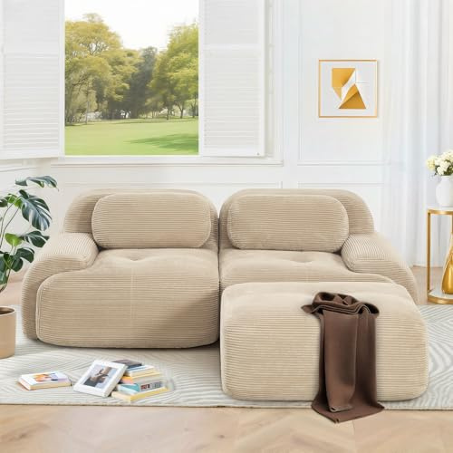 SoarFlash Canapé Moderne modulable, Tissu côtelé, Assise Profonde + accoudoirs Larges, sans Assemblage, 2 Places en L, Beige