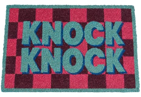 OHS Washable Door Mat Knock Knock Print, Outdoor Indoor Door Mat Non-Slippery Stylish Dirt Trapper Doormats Inside Heavy Duty Welcome Mat Front Doors Entrance Rug Coir Doormat, Pink/Blue - 40 x 60cm
