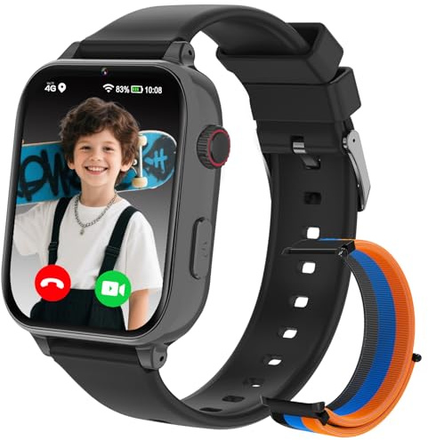 Kinder Smartwatch, GPS Smartwatch für Kinder, 4G KinderUhr Telefon Video/Voice Smart Familienchat SMS/WIFI/SOS Sport Schrittzähler Spiele, Kindergeschenke Armbanduhr Uhr für ab 4 Jahren, Dunkelschwarz