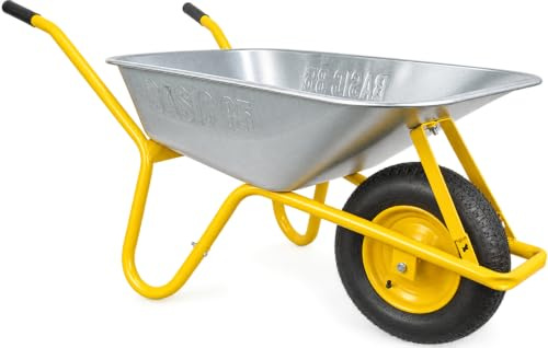 HBH Schubkarre 85 Liter Garten, bis 160kg Tragkragkraft, ideale Gartenschubkarre, Luftrad 4,00-8, Stahlfelge mit Kugellager, verzinkte Stahlmulde, mit Muldenstützbügel und Kippbügel, Farbe gelb