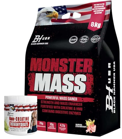 MONSTER Mass Gainer 4kg / 8kg Weight Gainer Protein Powder High Calorie Muscle Builder + FREE Nano Lemon – Black Hammer USA (8000g, Banane Erdbeere)