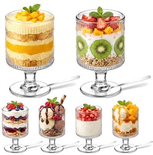 TranRantic Set di 4 Bicchieri Dessert in Vetro, Coppette Vintage per Gelato con 6 Cucchiaini, Piccole Ciotoline in Vetro per Coppe Gelato Frutta Snack Condimenti e Casa Feste e Ricorrenze (180 ml)