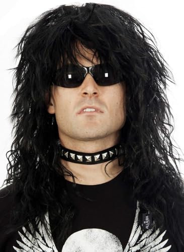 ALLAURA 80s Rocker Mullet Wig - Black Men's Big Hair Band Punk Rock Costume Wig
