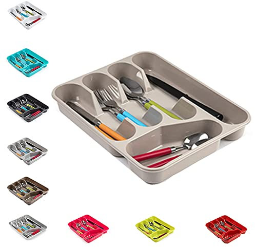 PlasticForte - Bandeja organizadora de cubiertos para cajón, tamaño grande, de plástico resistente, plástico, marrón topo, 33.5 x 26.5 x 4.5 cm - Solid Base