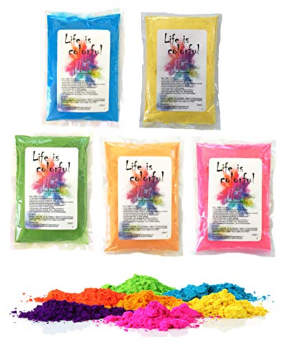 h2i Holi Pulver | 5 Farben x 100 g | 500 g buntes Farbpulver | Holi Color Powder - 5 Farbbeutel mit leuchtenden Farben zum Werfen | für Festivals Fotoshooting Baby-Shower Party-Foto Fun & Action