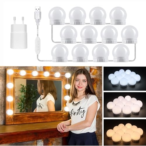 Akynite Spiegelleuchte Hollywood 12 LED Birnes mit Adapter, 3 Farbwechsel & 10 Helligkeit, Spiegellampe USB mit Schalter und Kabel, Make up Licht Dimmbar für Schminktisch Kosmetikspiegel Bad