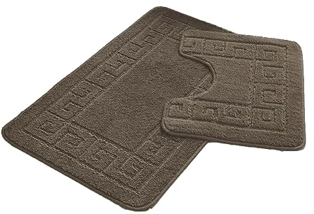 FAIRWAYUK Bathroom Mats Sets 2 Pieces, Ultra Plush Greek Pattern Bath Toilet Mat Anti Slip Pedestal Set, Extra Absorbent 100% Polypropylene Rug, Bathroom Accessory (Latte)