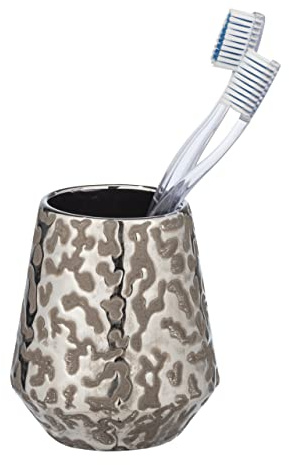 WENKO Zahnbürstenhalter Burgos aus hochwertiger Keramik mit brillantem Musterspiel, extravaganter Zahnbecher Ø 9,1 x 10,5 cm, Bad-Accessoire für Zahnbürsten, strukturierte Oberfläche, Graubraun/Platin