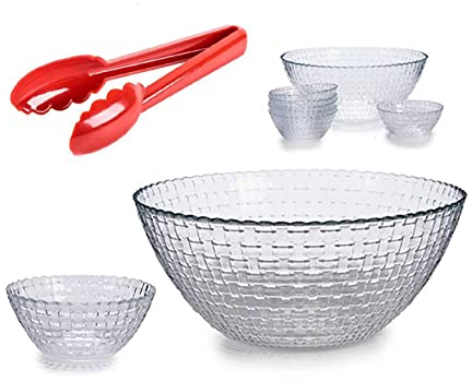 Arte Regal Set de 7 cuencos de cristal - 1 ensaladera de 25cm y 6 de 13cm + pinzas de cocina para servicio ensalada servir barbacoa buffet ensalada