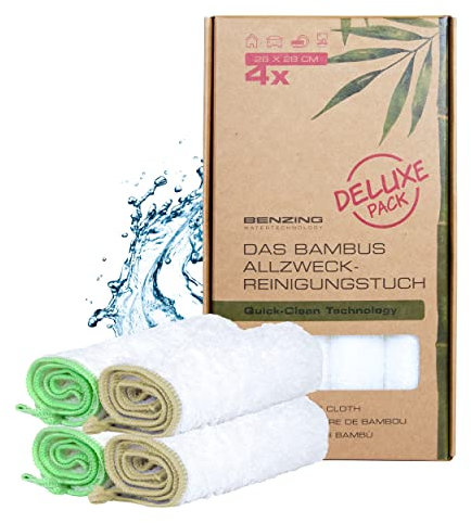 Benzing Water Technology BENZING 4X Bambus Allzweck-Reiningungstuch, Deluxe Box, Spültuch, nachhaltig, umweltfreundlich, langlebig (Natur/grün), 28x28cm