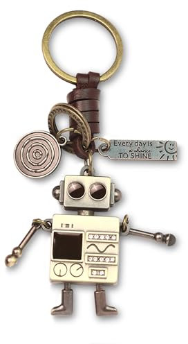 AuPra Robot Keyring Gift for Women & Men | Handmade Leather Funny Key Ring | Vintage Charm for Home, Car & Door Keys | Cute Keychain Present for Boys & Girls