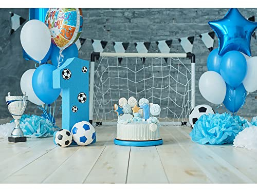 Aoihrraan 1,5x1m Kids 1st Birthday Backdrop Blue Balloon Flower Cake Smash Football Theme Birthday Room Decor Photography Background for Boys Party Newborn Baby Shower Banner Photo Studio Props