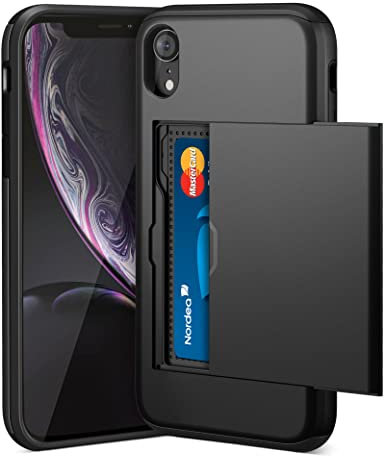 ACOCOBUY for iPhone XR Case with Card Holder Sliding Cover Hidden Pocket IDs Credit Cards Slot Heavy Duty Shockproof Protective Dual Layer Wallet Phone Cover Back Shell for Men Women 6.1 inch Black